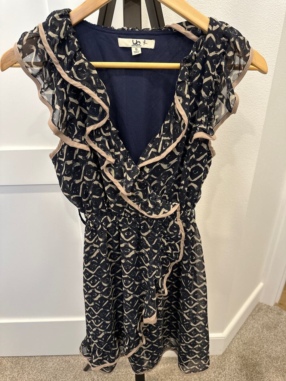YA Los Angeles Navy Blue and Cream Geometric Sheer Chiffon Ruffle Dress Size S
